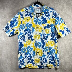 Joker Hawaiian Shirt Mens L Blue Floral Tropical Button Up Short Sleeves Summer